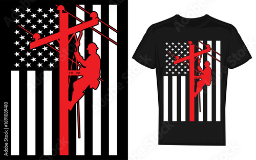 Silhouette of a lineman holding a flag representing american pride and the electrical industry perfect for patriotic apparel and designs