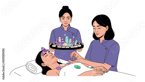 Skincare treatment with a beautician applying product to a woman s face while a man holds a tray of beauty products