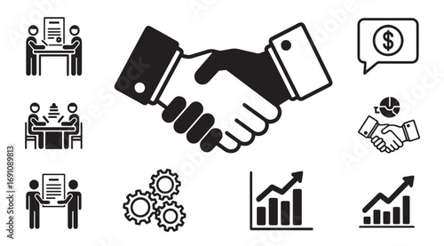 Business Partnership Icons Set – Handshake, Meeting, Finance, Deal, Growth Charts, Collaboration, Contract & Strategy Symbols