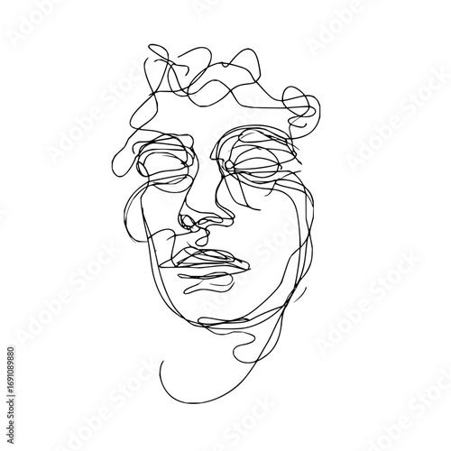 Continuous line drawing of a person's face with closed eyes and curly hair in black and white style
