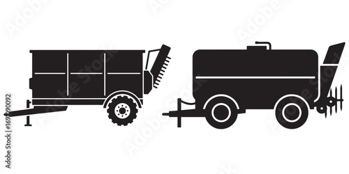 Manure spreader trailer agricultural machine silhouette icon vector illustration set