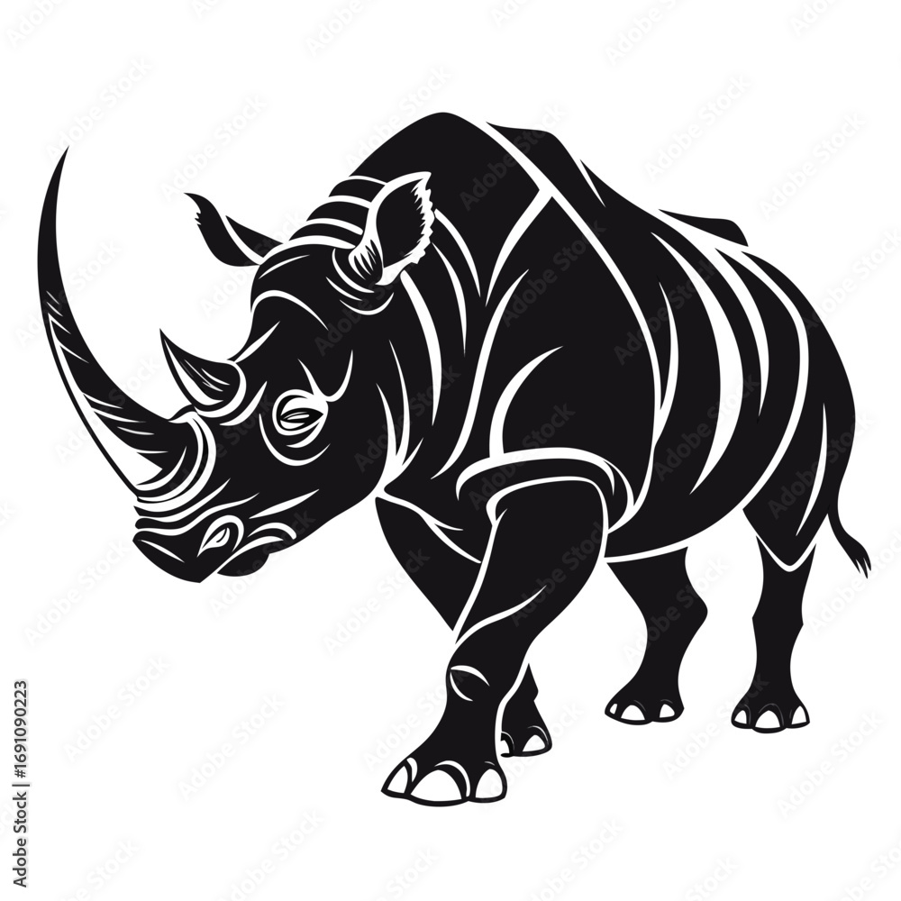 Fototapeta premium Stylized black silhouette of a rhinoceros walking forward