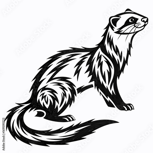 Stylized black and white illustration of a ferret in tribal art style