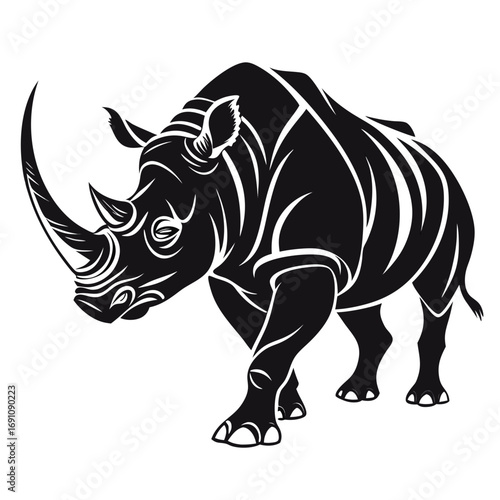 Stylized black silhouette of a rhinoceros walking forward