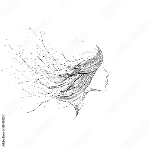 Sketch of a woman's profile with long flowing hair and abstract wind blowing through it in black and white