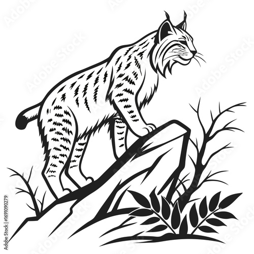 Stylized black and white illustration of a lynx standing on a rock