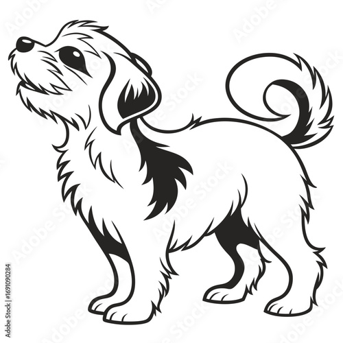 Cute cartoon dog looking up with fluffy fur and curled tail