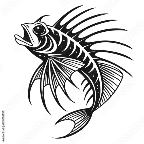 Stylized black and white illustration of a fish skeleton with open mouth