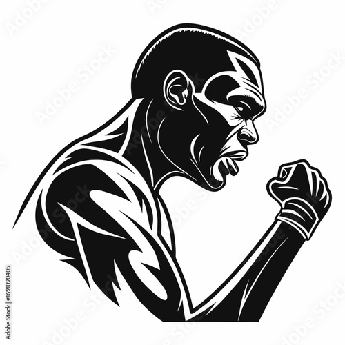 Aggressive fighter with clenched fist and tribal tattoo