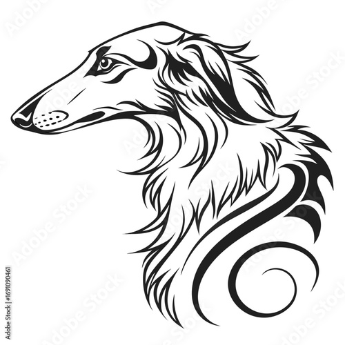 Elegant borzoi dog head with flowing mane in tribal art style