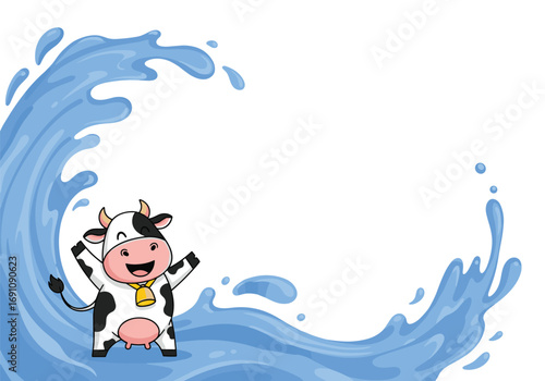 Cute cow having fun splashing in water with waves and joyful expression