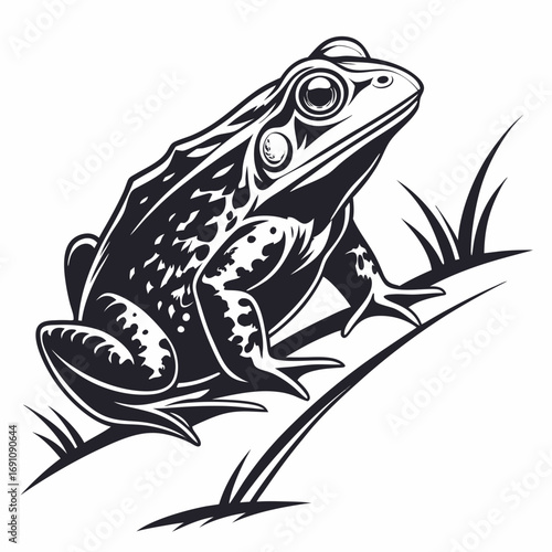 Stylized black and white illustration of a frog on grass