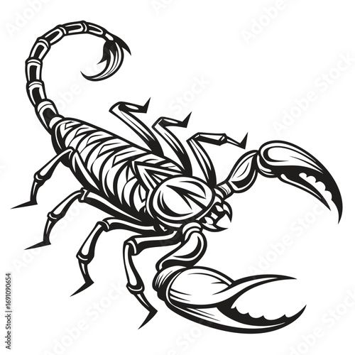 Stylized black and white scorpion illustration with detailed patterns