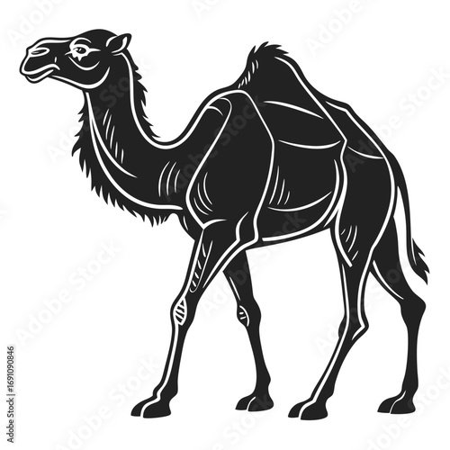 Stylized black and white illustration of a camel