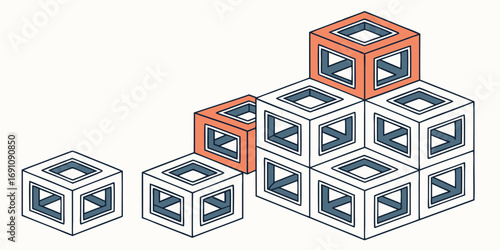 Isometric view of stacked hollow cubes forming a step like structure with varying heights and colors