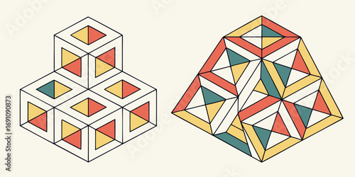 Isometric cube structure and pyramid with triangle patterns in yellow red and teal colors design