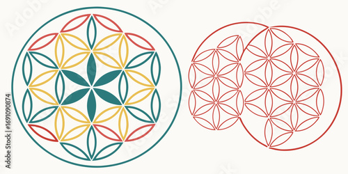 Flower of life pattern in teal yellow and red with overlapping circles and geometric shapes design element