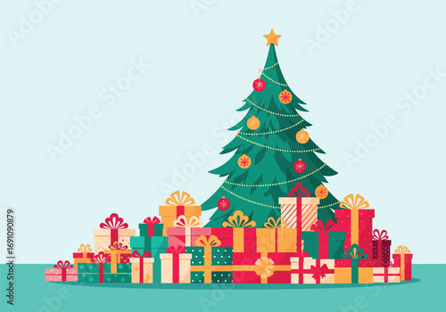 Abundant christmas tree surrounded by presents festive holiday celebration scene