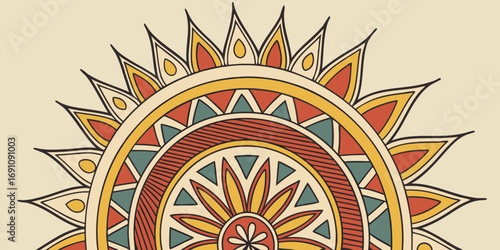 Detailed half mandala with floral and geometric elements in warm and cool colors on a light background