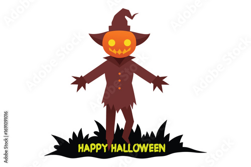 Scarecrow Halloween Vector, Glowing Pumpkin Head in Foggy Cornfield, Spooky Autumn Illustration