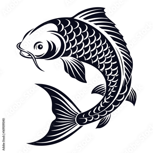 Stylized black and white koi fish illustration on a white background