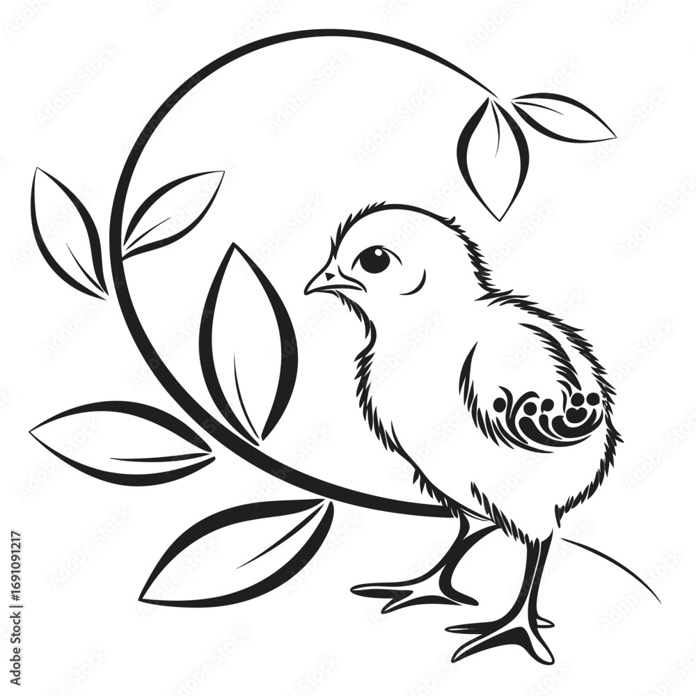 Naklejka premium Stylized chick with decorative leaves and vine