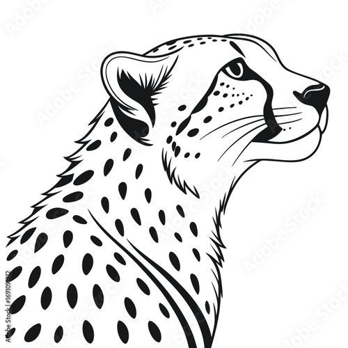 Stylized black and white illustration of a cheetah head profile
