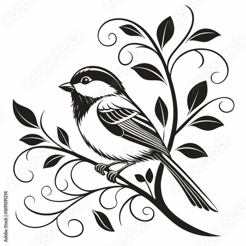 Black and white stylized bird perched on a decorative branch with leaves