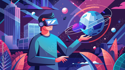 Young caucasian man in virtual reality headset interacting with a digital planet in futuristic neon city environment, representing metaverse and immersive technology