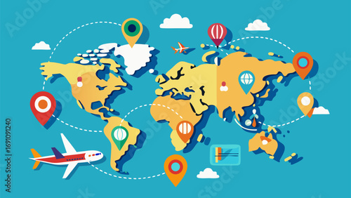 Colorful world map with airplanes, location pins, travel routes and diverse international travelers connecting global destinations