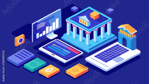Isometric illustration of digital banking system with government building, laptop, charts and secure financial data exchange