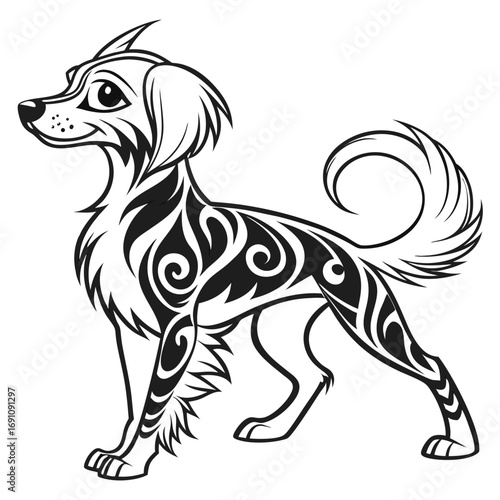 Stylized dog with tribal patterns and curled tail