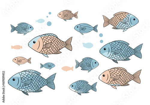 A lively school of small and large colorful fish swimming together in a peaceful ocean