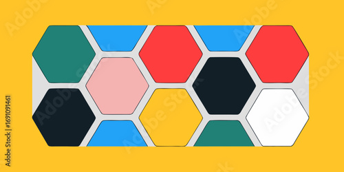 Colorful hexagons arranged in a rectangular grid pattern on a yellow background creating a mosaic effect