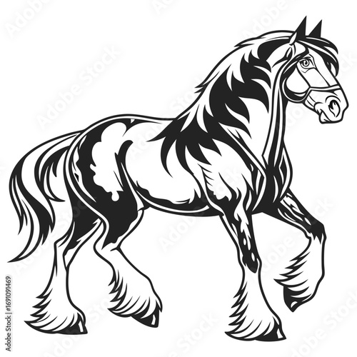 Black and white illustration of a powerful shire horse in motion