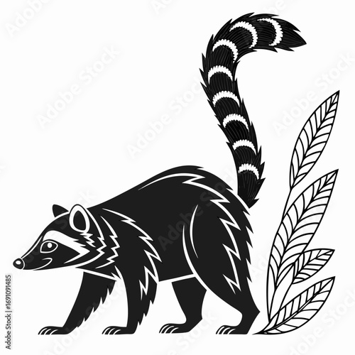 Stylized black and white coati with striped tail and leaves