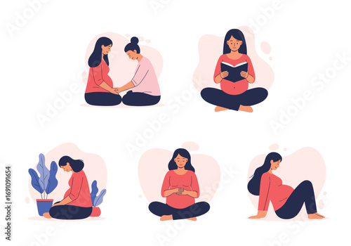Illustrations of pregnant women engaging in various relaxing and self-care activities during pregnancy