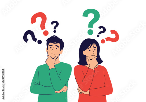 People pondering questions over their heads seeking answers and solutions