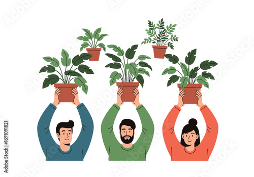 People holding potted plants up high symbolizing growth and community together