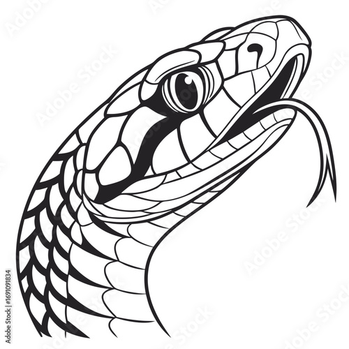 Stylized black and white illustration of a snake head with a forked tongue