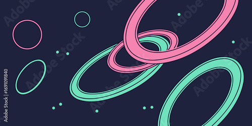Abstract illustration of interconnected pink and teal rings floating against a dark blue background
