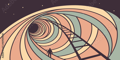 A lone figure walks along a ladder into a swirling tunnel under a starry night sky illustration
