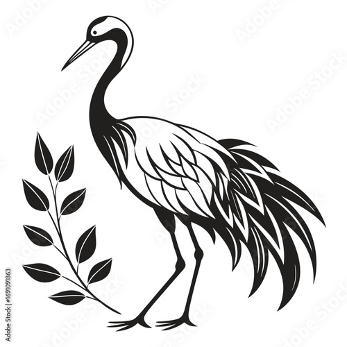 Elegant black and white crane bird with a leafy branch illustration