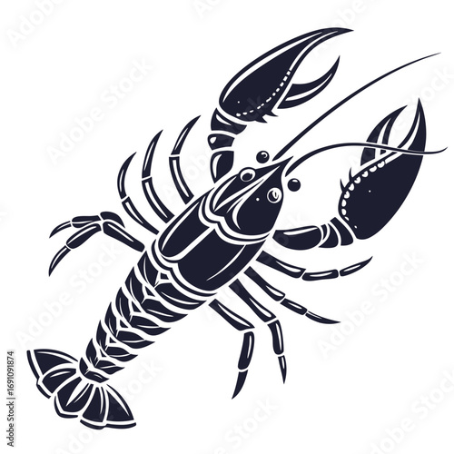Stylized dark blue lobster silhouette on a white background