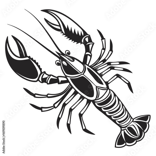 Black and white illustration of a crawfish with large claws