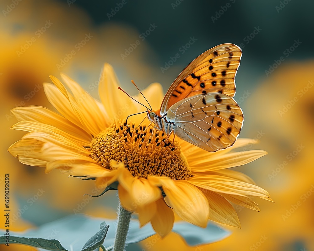 Fototapeta premium A delicate orange butterfly with black spots rests on a vibrant yellow sunflower ro detail soft bokeh
