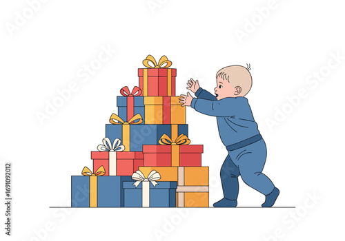 Young child reaching for a tall stack of colorful gift boxes tied with ribbons and bows on a white background
