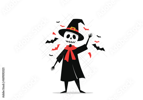 Spooky skeleton witch dancing joyfully under a halloween night sky filled with bats