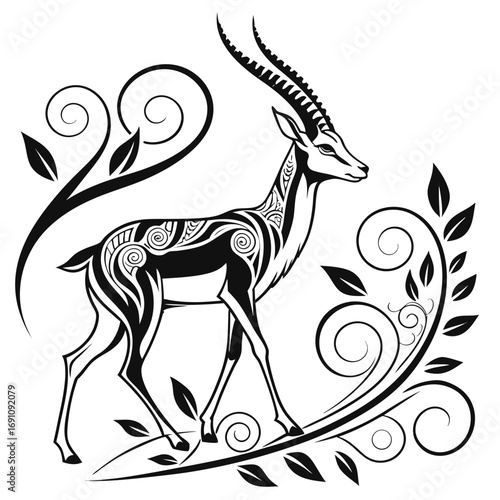 Elegant gazelle with tribal swirl patterns and floral accents