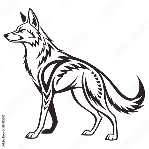 Stylized coyote or wolf illustration with tribal markings